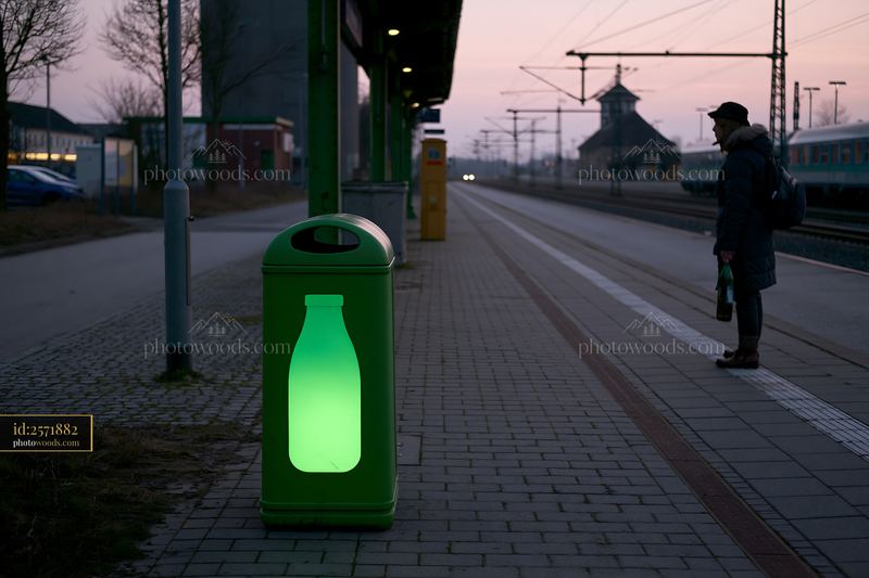 Milk bottle recycling bin on an urban street with train station