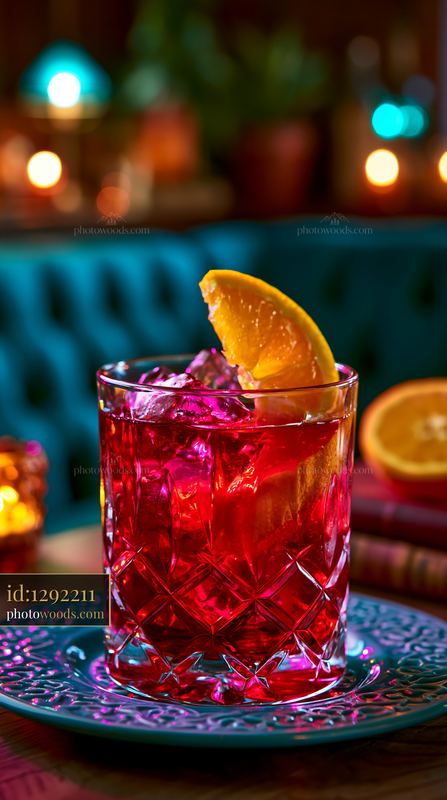 Bright red drink in a glass with ice and orange slice on a table