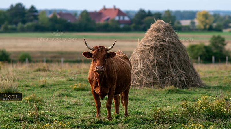 Meadow with traditional haystack near grazing cow