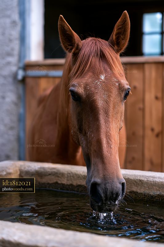 Horse drinking from trough in a barn setting