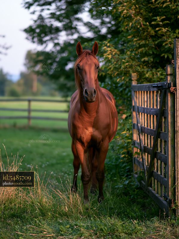 Horse rolling in grass during sunset near a wooden fence