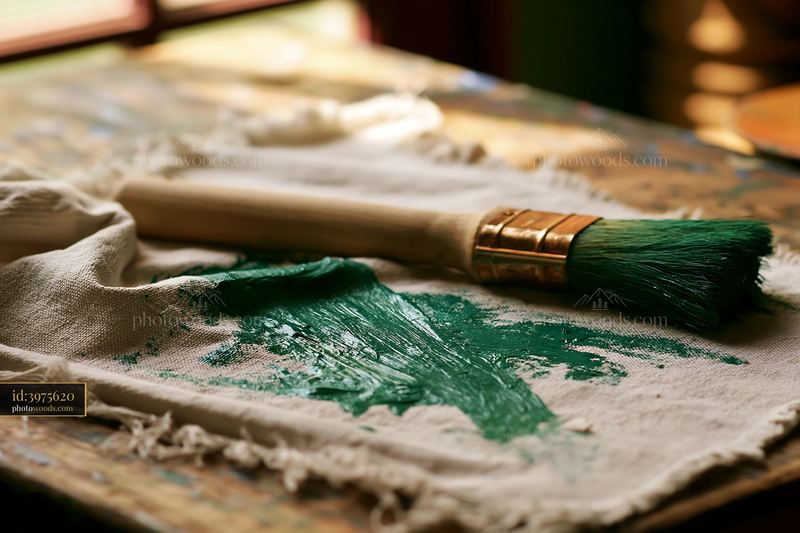 Oil paint smears on canvas cloth with paintbrush on table