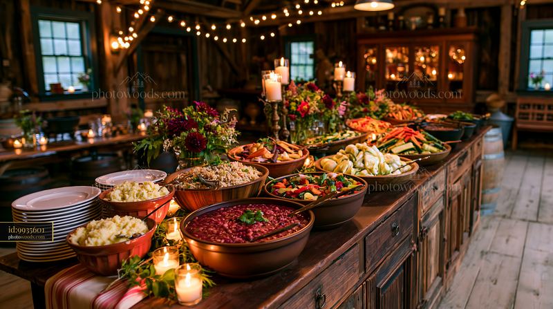 Sustainable buffet catering with fresh dishes on wooden table