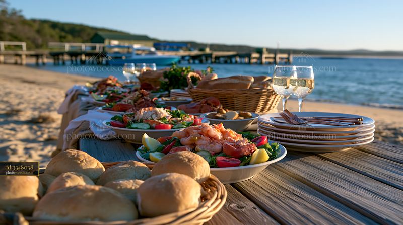 Beach picnic buffet with seafood dishes by the water