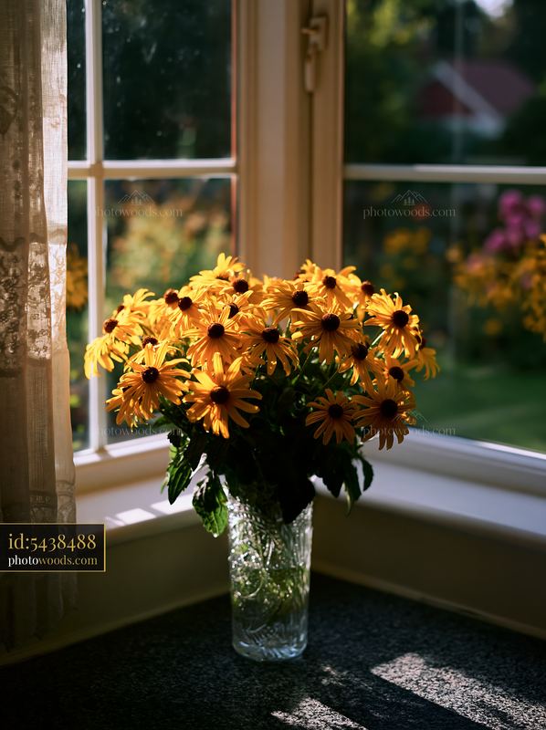 Rudbeckia flowers in sunlight on a windowsill