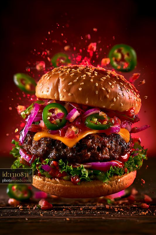 Juicy burger with fresh toppings and vibrant colors