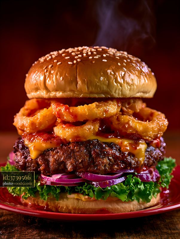 Juicy burger with onion rings and melted cheese on a plate