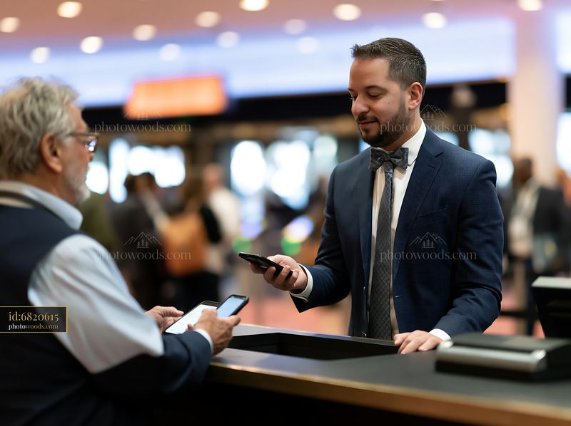 Businessman exchanging information at a reception desk
