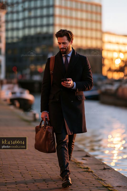 Businessman walking with laptop bag and smartphone by the water