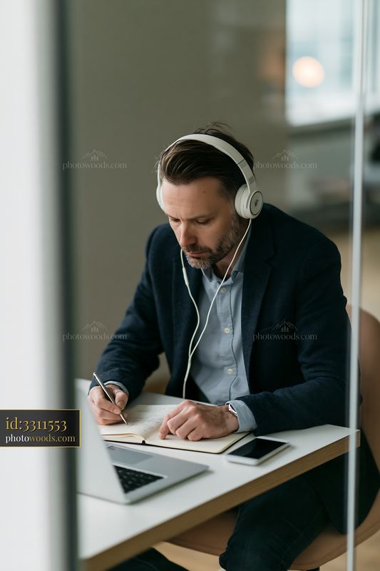 Businessman working alone in minimalist office setting