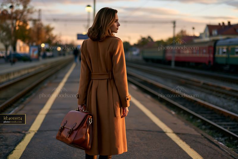 Businesswoman walking with laptop bag at train station