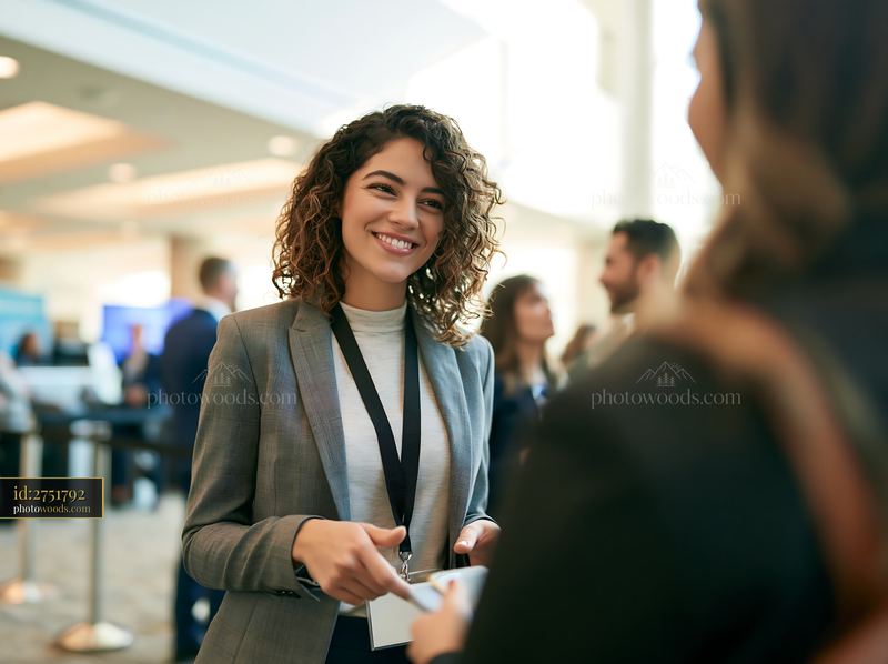Businesswoman networking at industry conference in modern venue