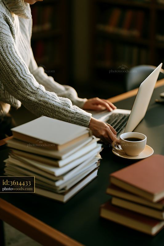 Businesswoman working on laptop beside coffee and books on desk