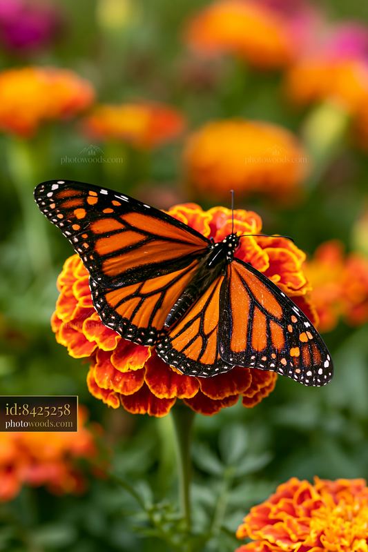 Butterfly resting on marigold flower bed in garden