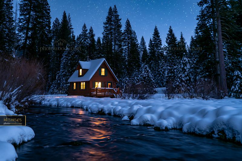 Cozy cabin under stars beside a stream in winter