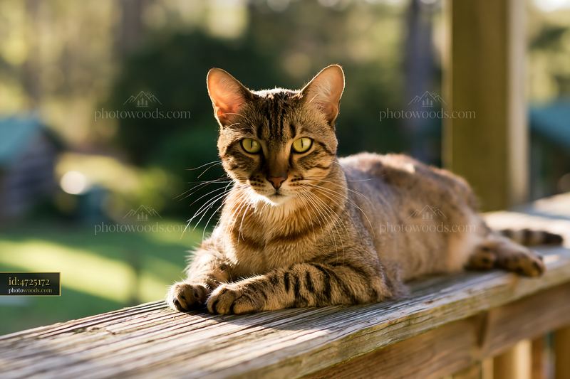 California Spangled cat resting on wooden deck in sunlight