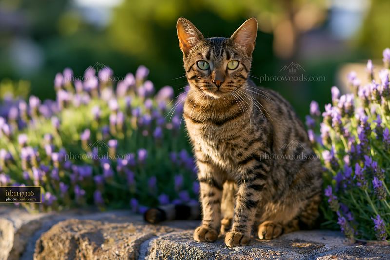 California Spangled cat sitting among purple flowers in sunlight