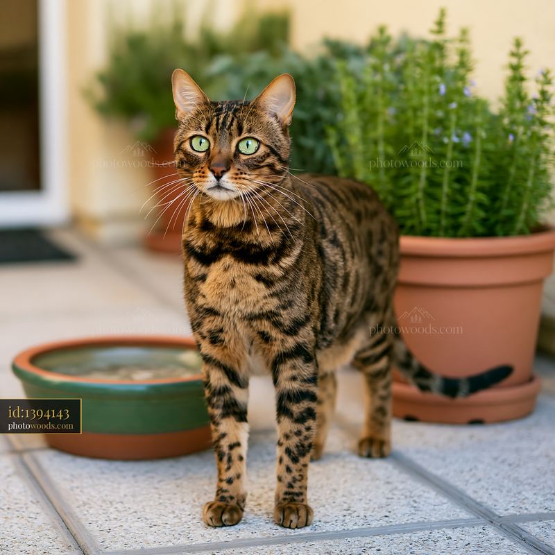 California Spangled cat standing by potted plants in a garden