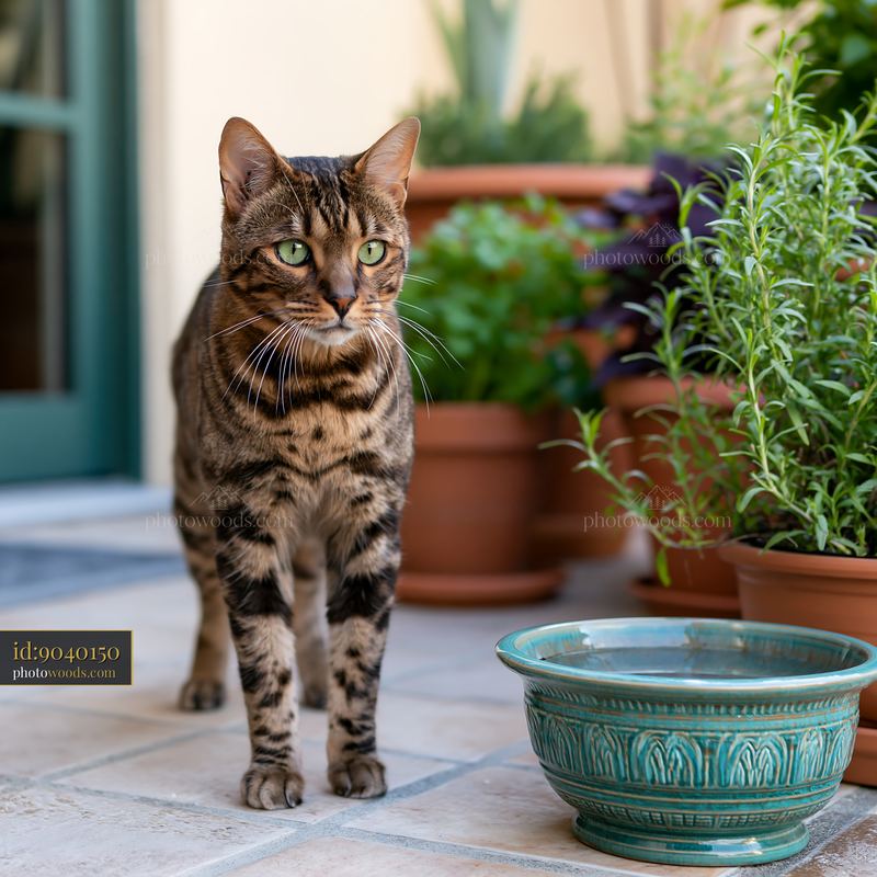 California Spangled cat walking near potted plants on a patio
