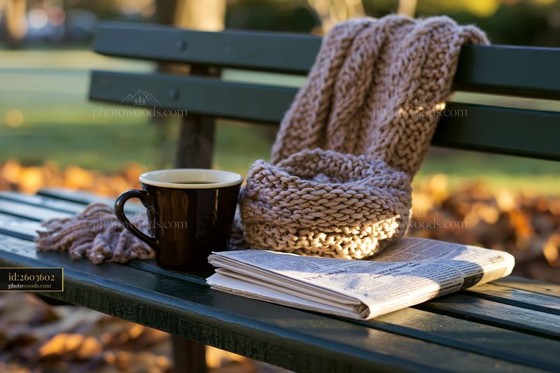 Camera placed beside a cup of coffee and a newspaper on a bench