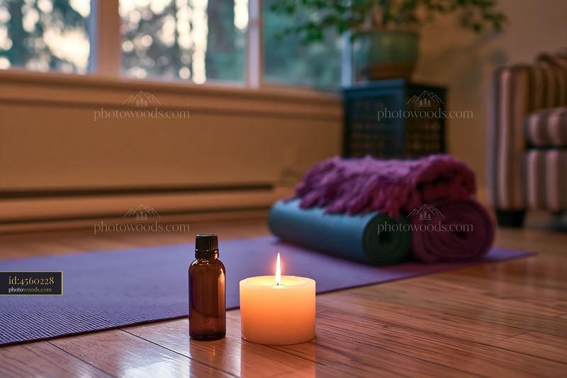 Candle and essential oil bottle on yoga mat in a bright room