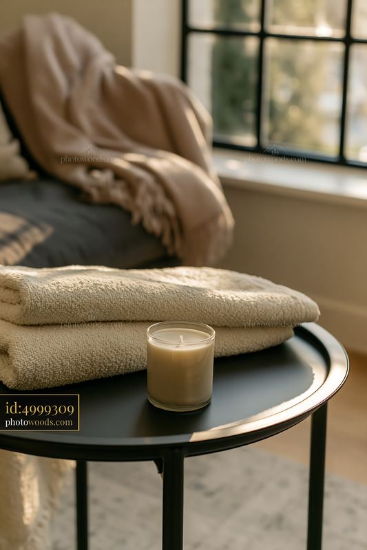 Cream dose beside a folded robe on a coffee table in a cozy room