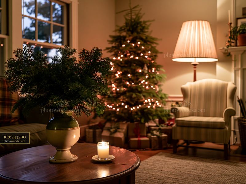 Cozy Christmas living room with natural greenery and decorations