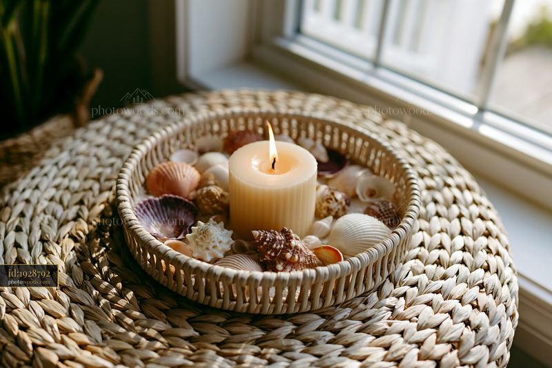 Candle surrounded by seashells on a woven tray by the window