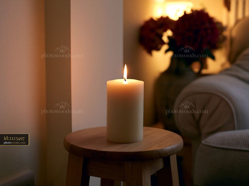 Candle placed on a stool with copy space on left