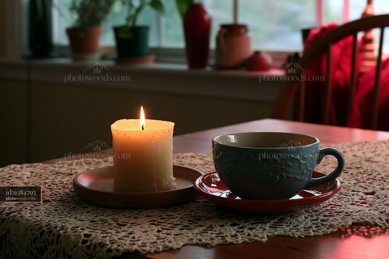 Candle with warm light beside a tea cup on a table