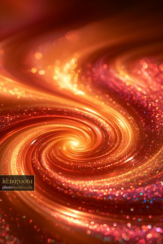 Swirling pattern of orange and pink glitter on a glowing background