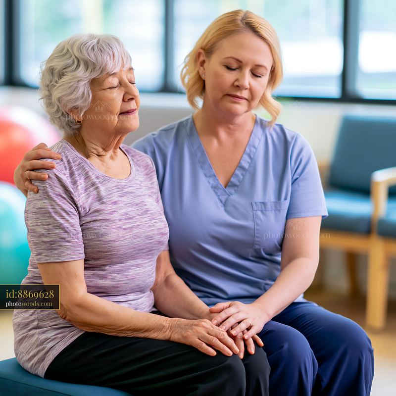Caregiver comforting an elderly patient in a therapy room
