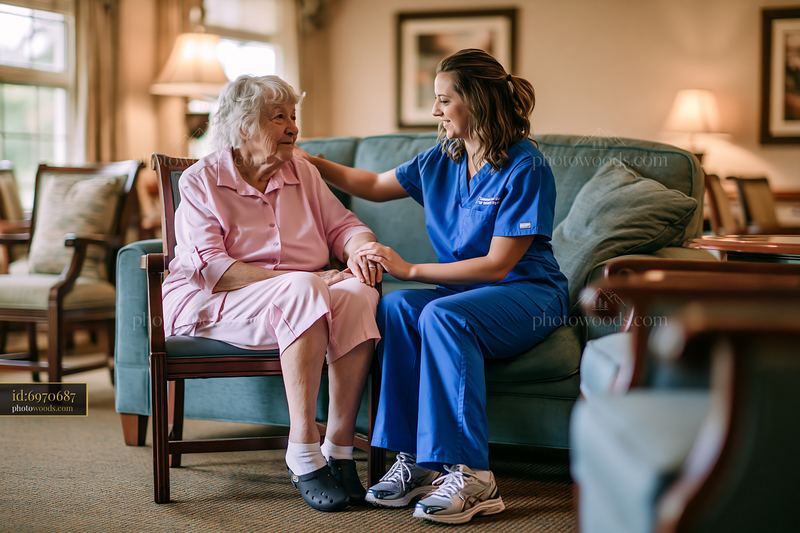 Caregiver leads dementia patient in exercise at care home
