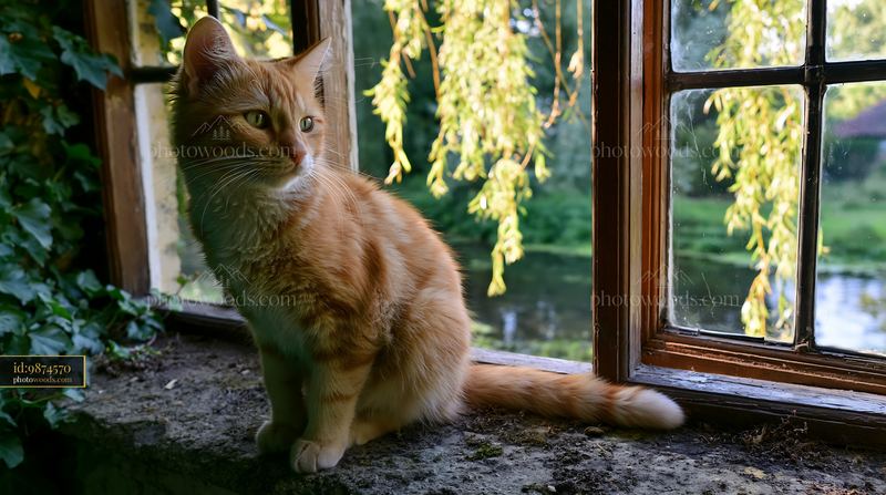Cat sitting on country house windowsill with sunlight and greenery