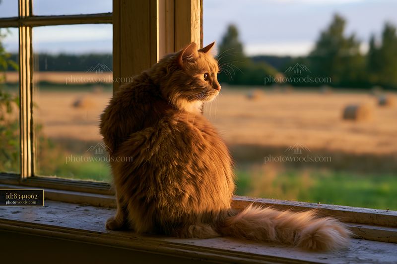 Cat sitting on country house windowsill at sunset