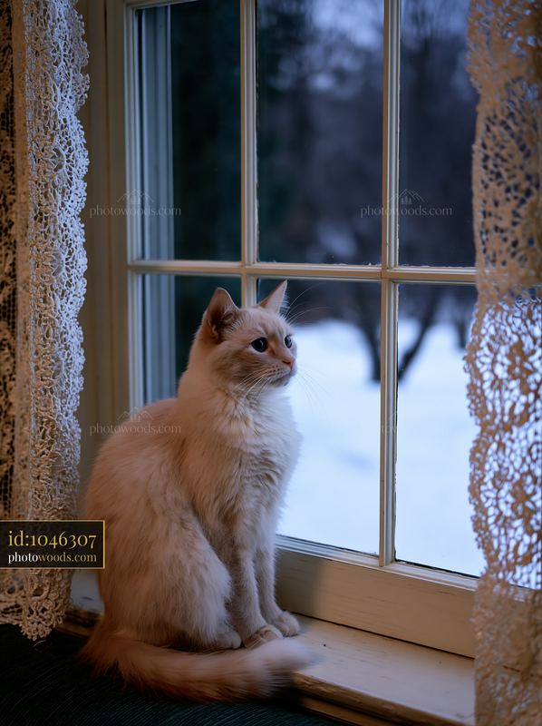 Cat sitting on country house windowsill during winter