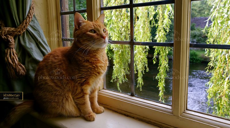 Cat sitting on country house windowsill looking outside
