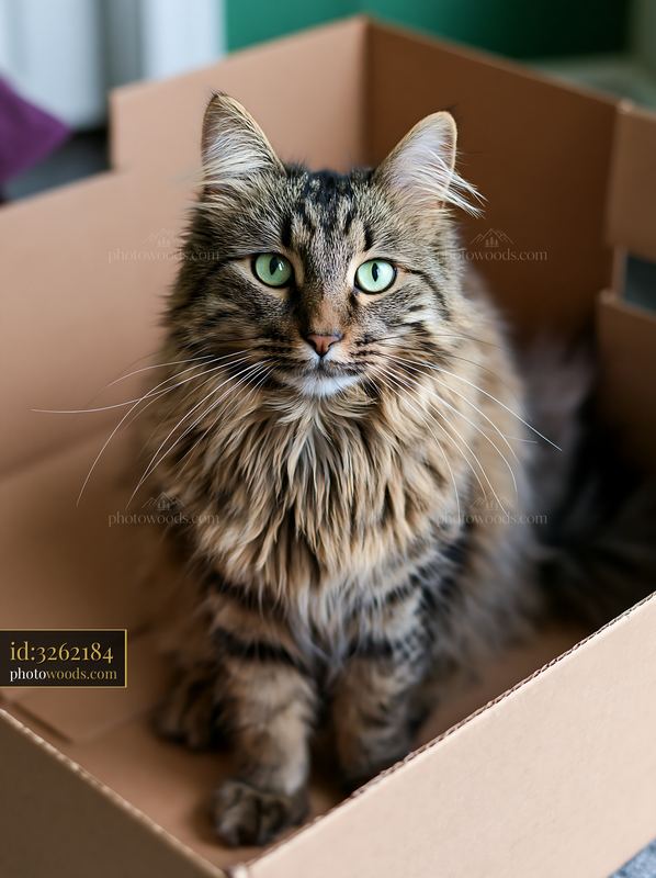 Cat sitting in a cardboard box with green eyes