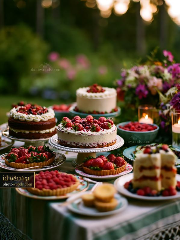 Catering buffet setup with cakes and berries at an outdoor event