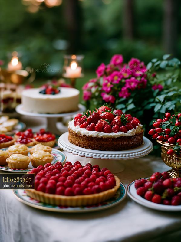 Catering buffet setup with assorted desserts and fresh fruits