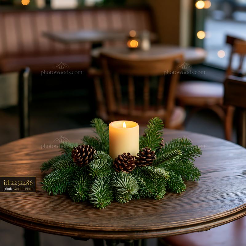 Christmas centerpiece with candle and pinecones on wooden table