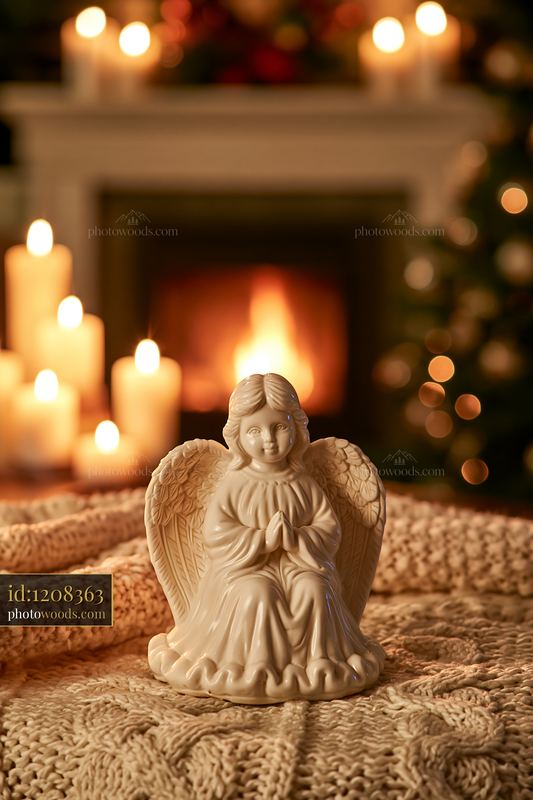 Ceramic angel decoration in a Christmas living room with candles