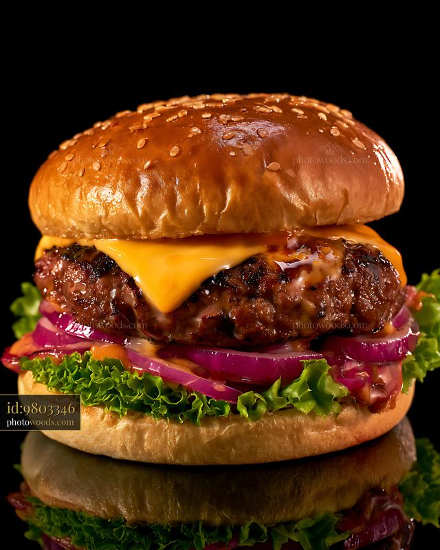 Cheeseburger with lettuce, onions, and a sesame seed bun