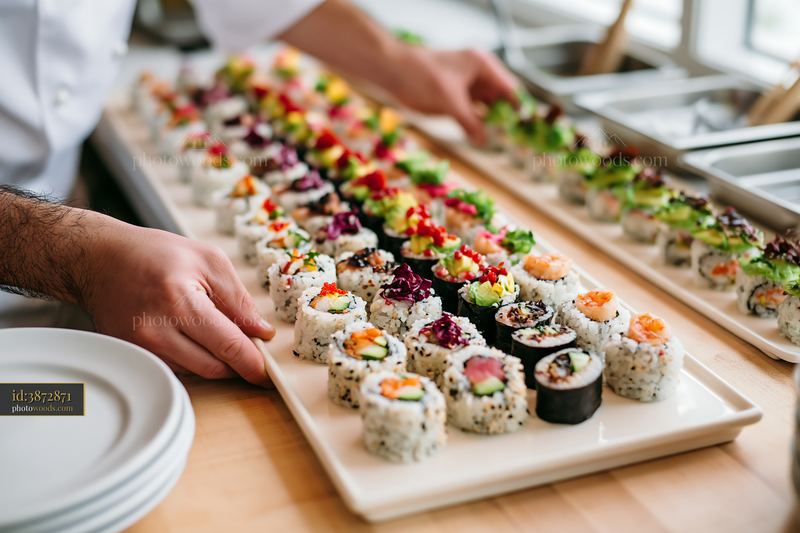 Sushi platter for catering event prepared by chef in kitchen