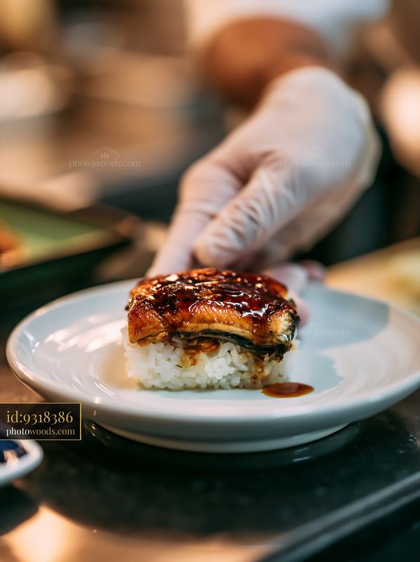 Single eel nigiri presented on a plate in a restaurant setting