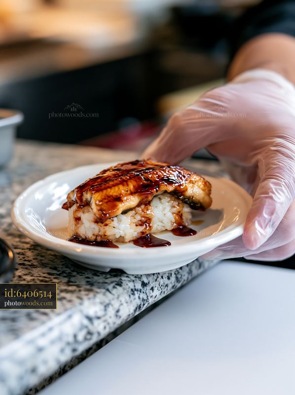 Single eel nigiri with sauce served on a white plate