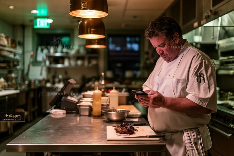 Chef scheduling appointment on smartphone in commercial kitchen