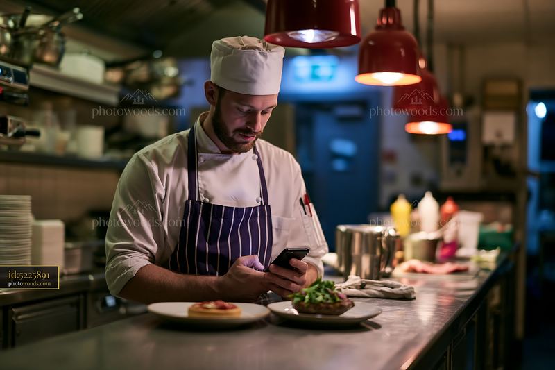 Chef using smartphone to schedule appointments in restaurant kitchen