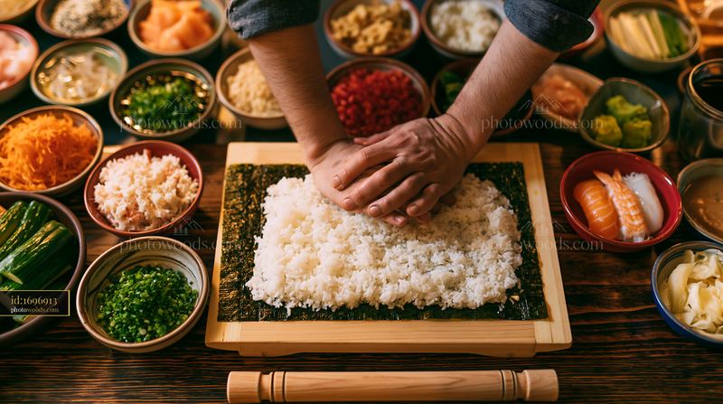 Chef prepares sushi at restaurant counter with fresh ingredients