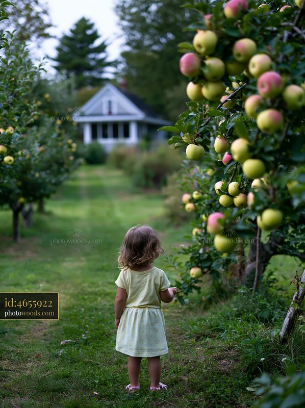 Fruit trees around country house with child exploring garden